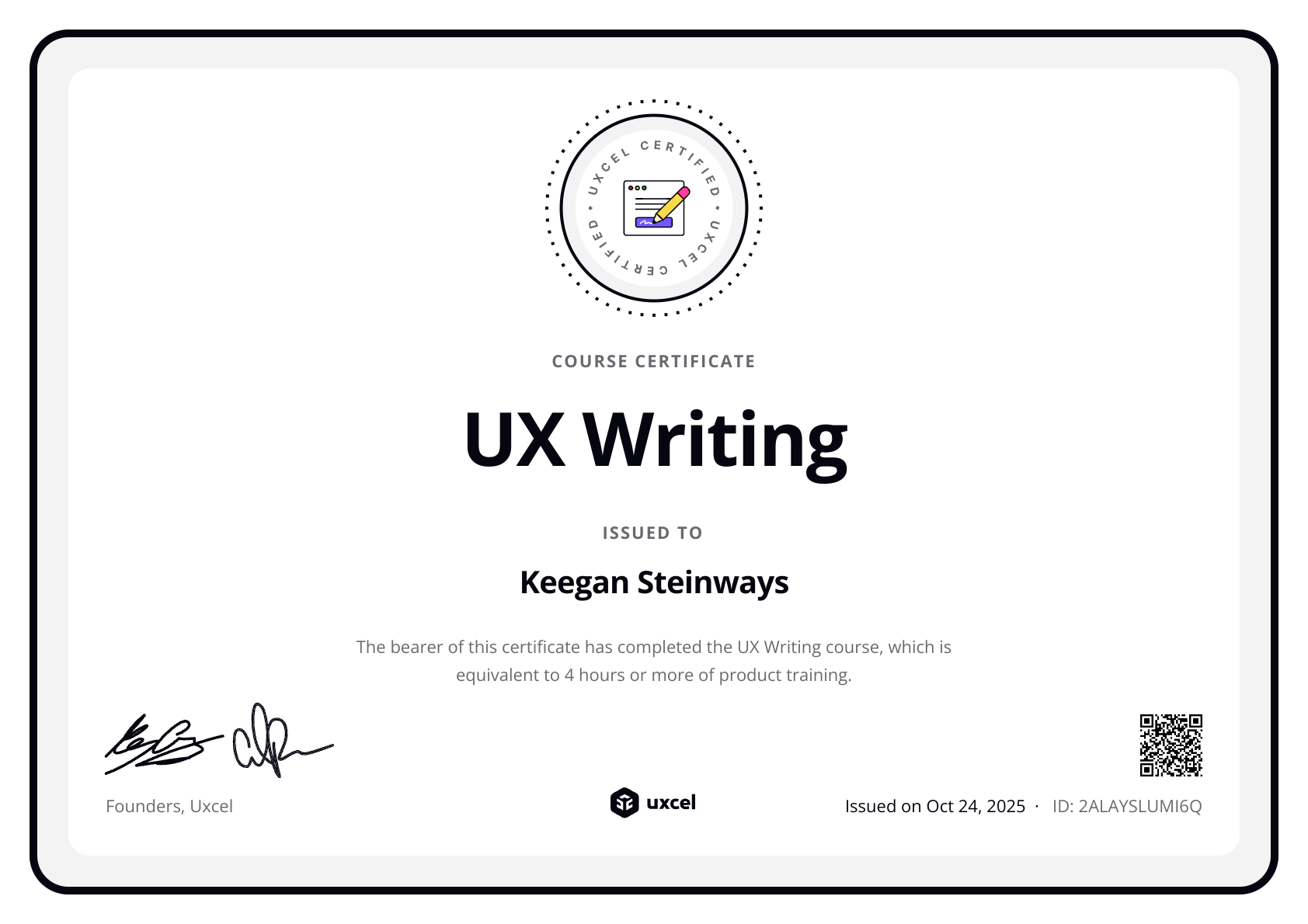 Keegan Steinways's certificate